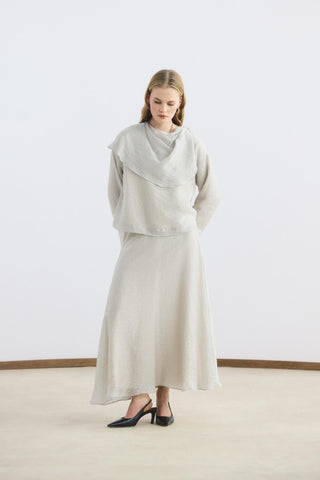 Shawl Collar Shirt Skirt Set Beige