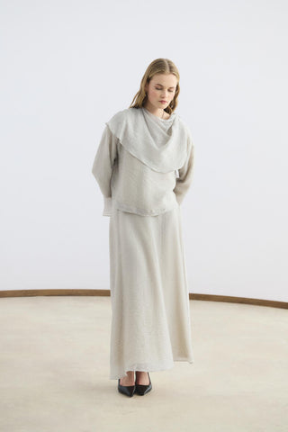 Shawl Collar Shirt Skirt Set Beige