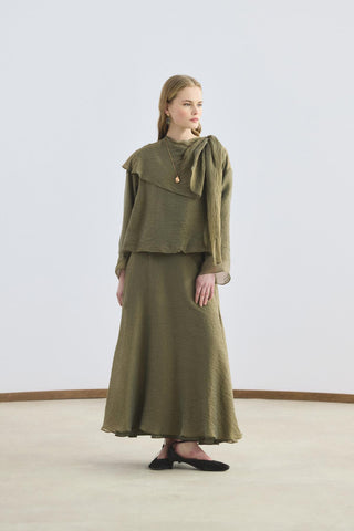 Shawl Collar Shirt Skirt Set Olive