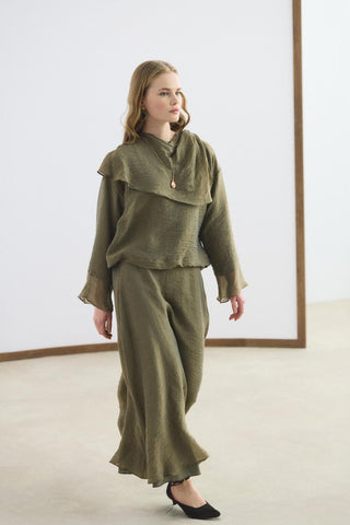 Shawl Collar Shirt Skirt Set Olive