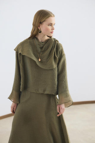Shawl Collar Shirt Skirt Set Olive
