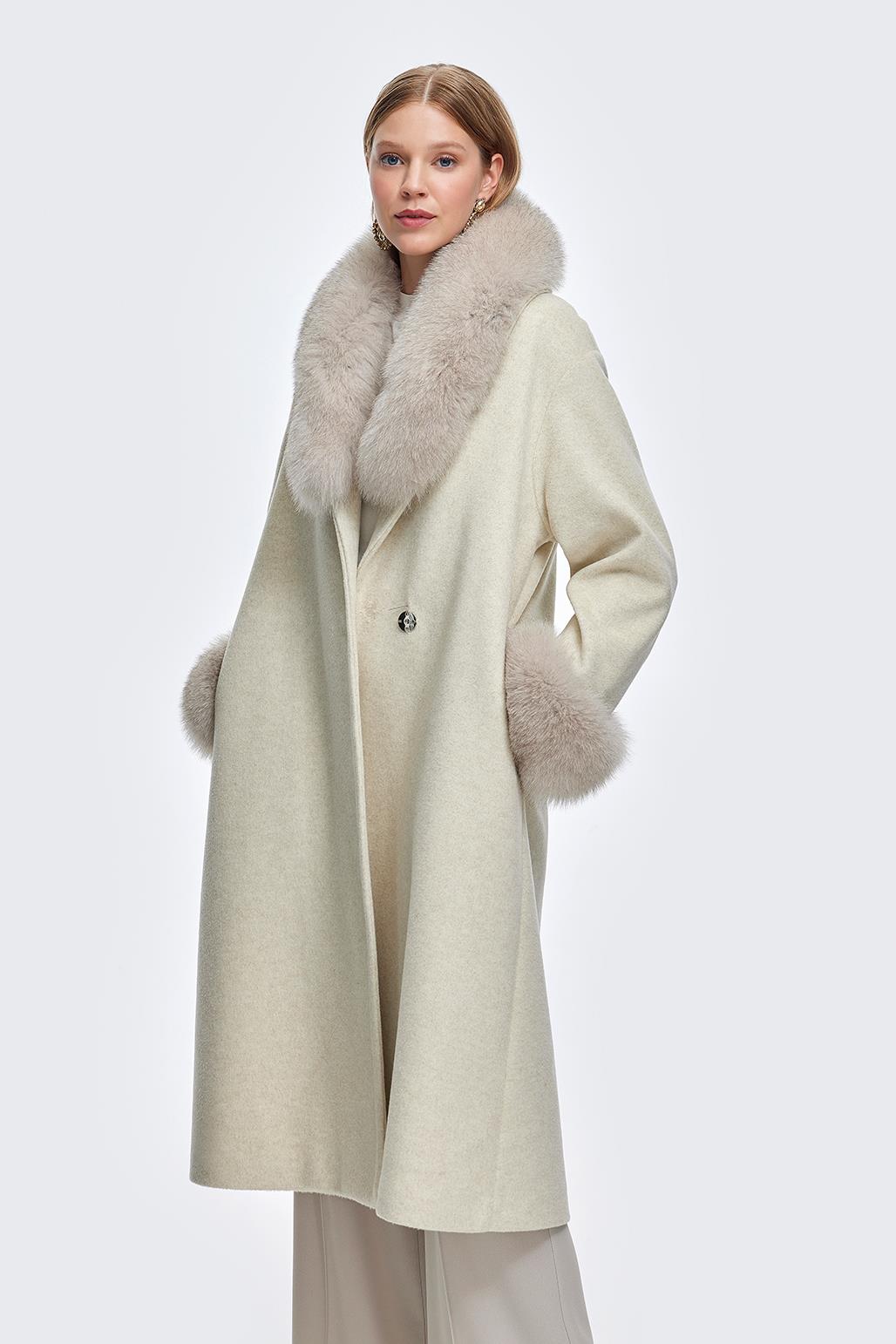 Shawl Collar Faux Cashmere Fur Coat Beige