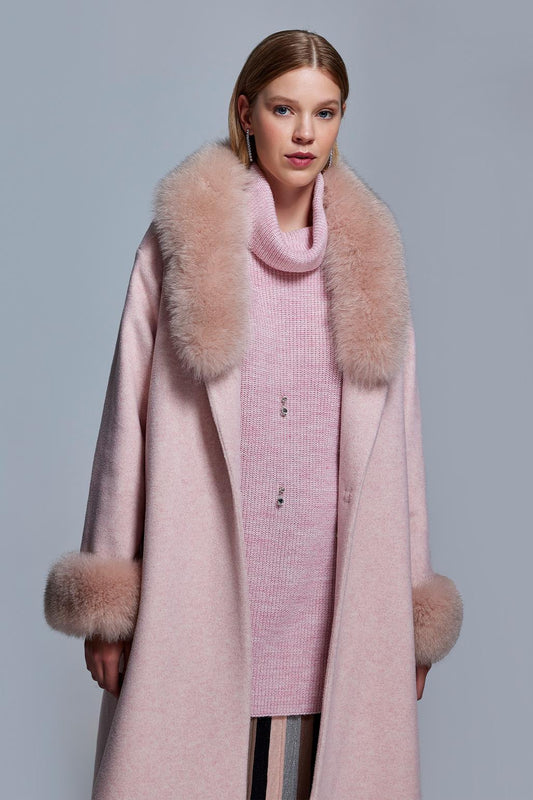 Shawl Collar Faux Cashmere Fur Coat Pink