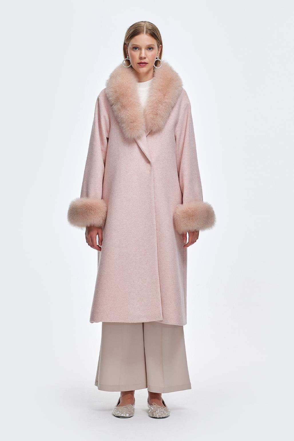 Shawl Collar Faux Cashmere Fur Coat Pink