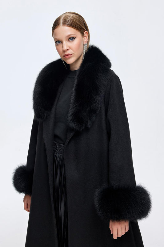 Shawl Collar Faux Cashmere Fur Coat Black