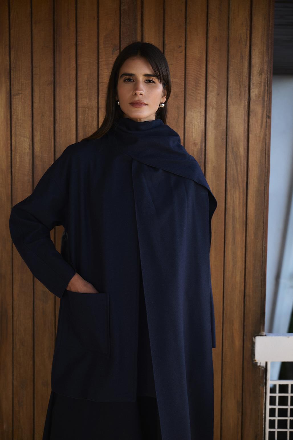 Shawl Collar Midi Jacket Navy Blue