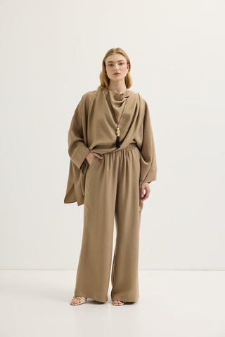 Shawl Collar Modal Tunic & Trousers Set Camel