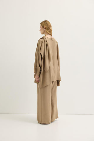 Shawl Collar Modal Tunic & Trousers Set Camel