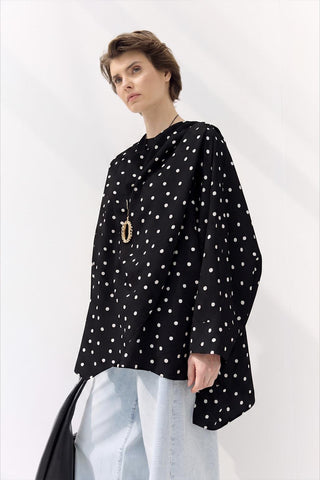 Polka Dot Pattern Shawl Collar Tunic Black