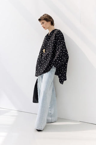 Polka Dot Pattern Shawl Collar Tunic Black