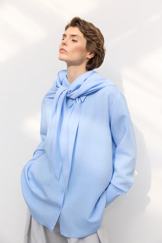 Scarf Detail Oversize Striped Shirt Light Blue