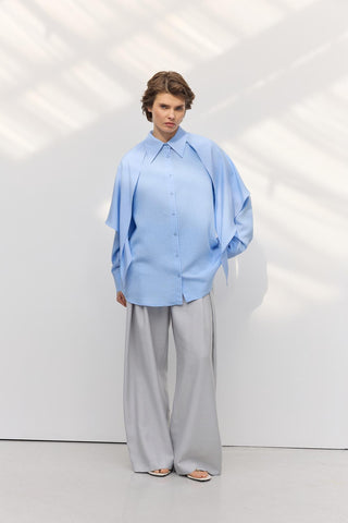 Scarf Detail Oversize Striped Shirt Light Blue