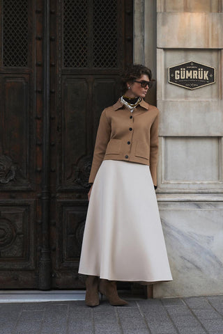 Scuba Fabric Flared Midi Skirt Stone