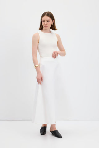 Scuba Fabric Flared Midi Skirt Ecru