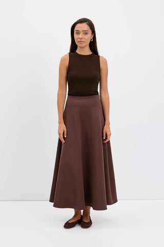 Scuba Fabric Flared Midi Skirt Brown