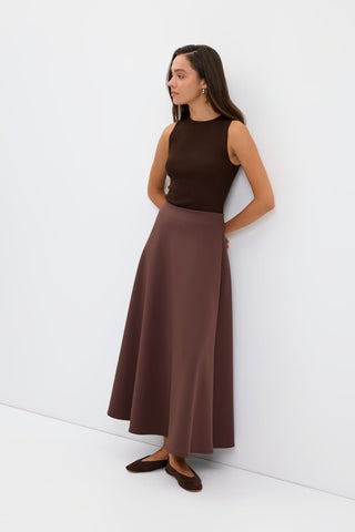 Scuba Fabric Flared Midi Skirt Brown