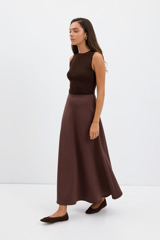 Scuba Fabric Flared Midi Skirt Brown