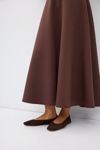 Scuba Fabric Flared Midi Skirt Brown