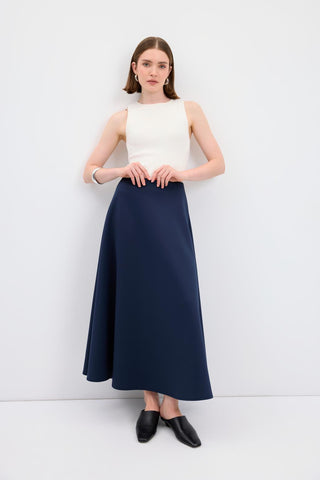 Scuba Fabric Flared Midi Skirt Navy