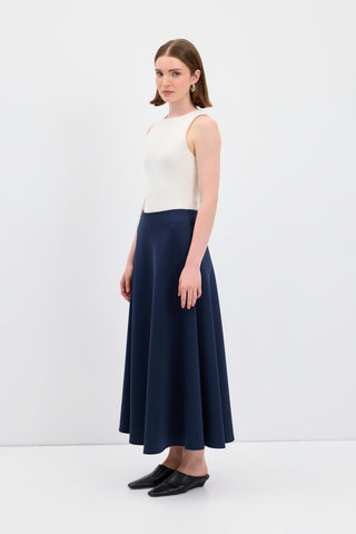 Scuba Fabric Flared Midi Skirt Navy