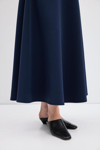 Scuba Fabric Flared Midi Skirt Navy