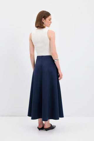 Scuba Fabric Flared Midi Skirt Navy