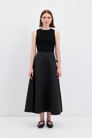Scuba Fabric Flared Midi Skirt Black