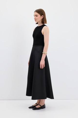 Scuba Fabric Flared Midi Skirt Black
