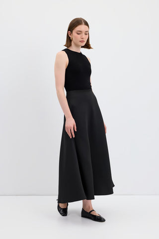 Scuba Fabric Flared Midi Skirt Black