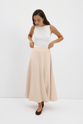 Scuba Fabric Flared Midi Skirt Stone