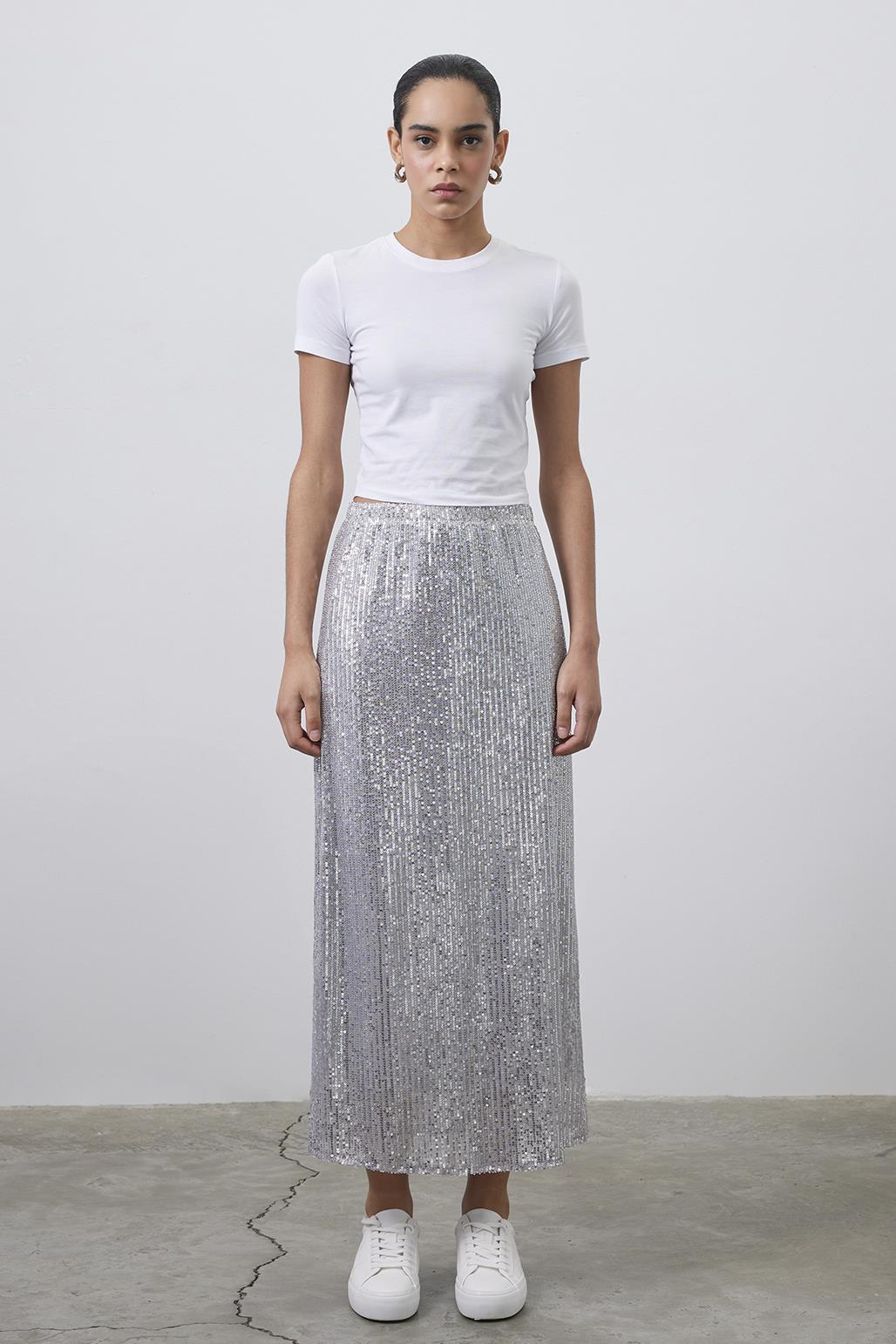 Sequin Embroidered Pencil Skirt Silver