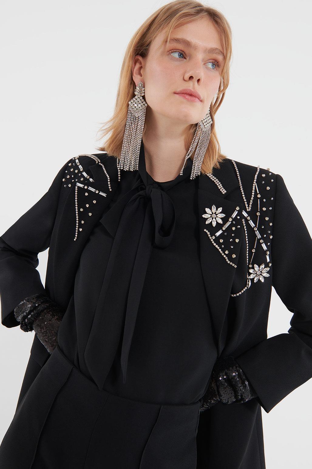 Crystal Embroidered Stone Jacket Black