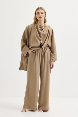 Shawl Collar Modal Tunic & Trousers Set Camel