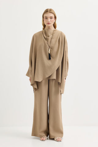Shawl Collar Modal Tunic & Trousers Set Camel