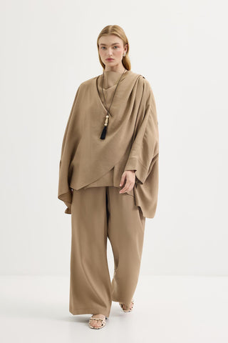 Shawl Collar Modal Tunic & Trousers Set Camel