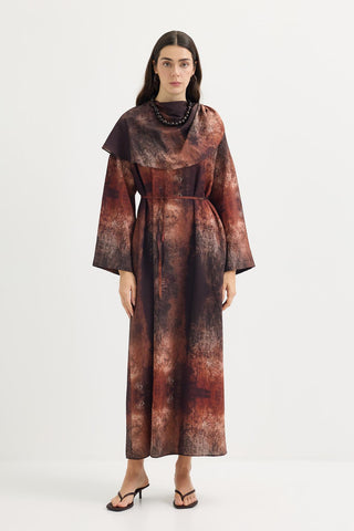 Shawl Collar Patterned Dress Brown