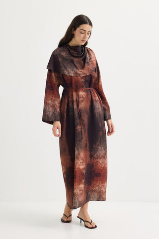 Shawl Collar Patterned Dress Brown