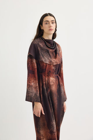 Shawl Collar Patterned Dress Brown
