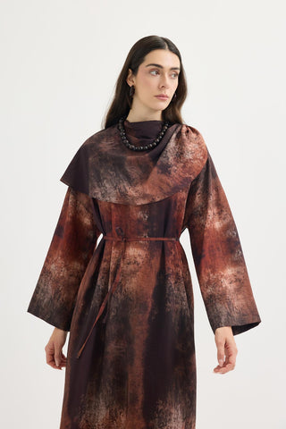 Shawl Collar Patterned Dress Brown