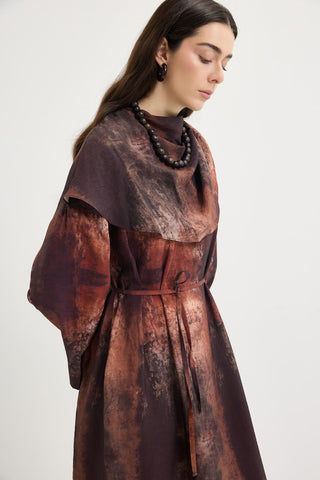 Shawl Collar Patterned Dress Brown
