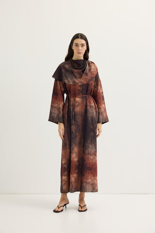 Shawl Collar Patterned Dress Brown