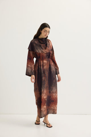 Shawl Collar Patterned Dress Brown