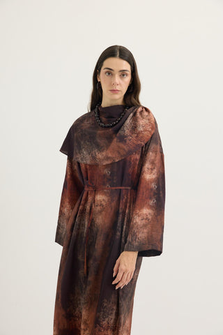 Shawl Collar Patterned Dress Brown