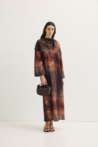 Shawl Collar Patterned Dress Brown