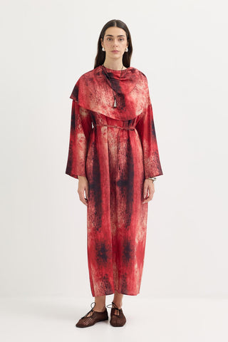 Shawl Collar Patterned Dress Red