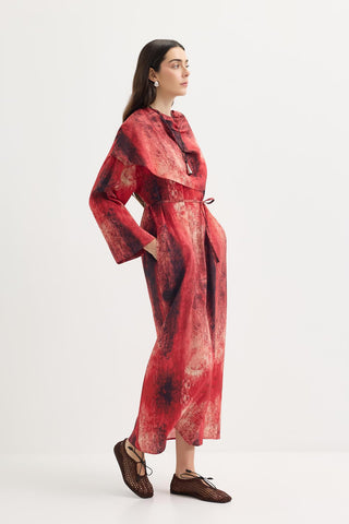 Shawl Collar Patterned Dress Red