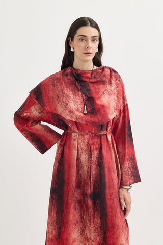 Shawl Collar Patterned Dress Red