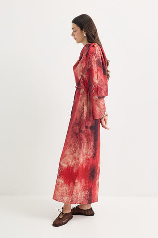Shawl Collar Patterned Dress Red