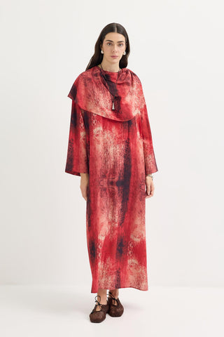 Shawl Collar Patterned Dress Red