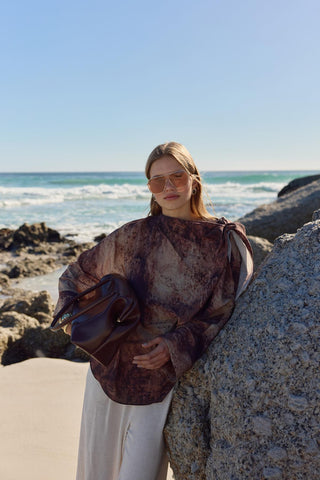 Shawl Collar Patterned Tunic Dark Brown